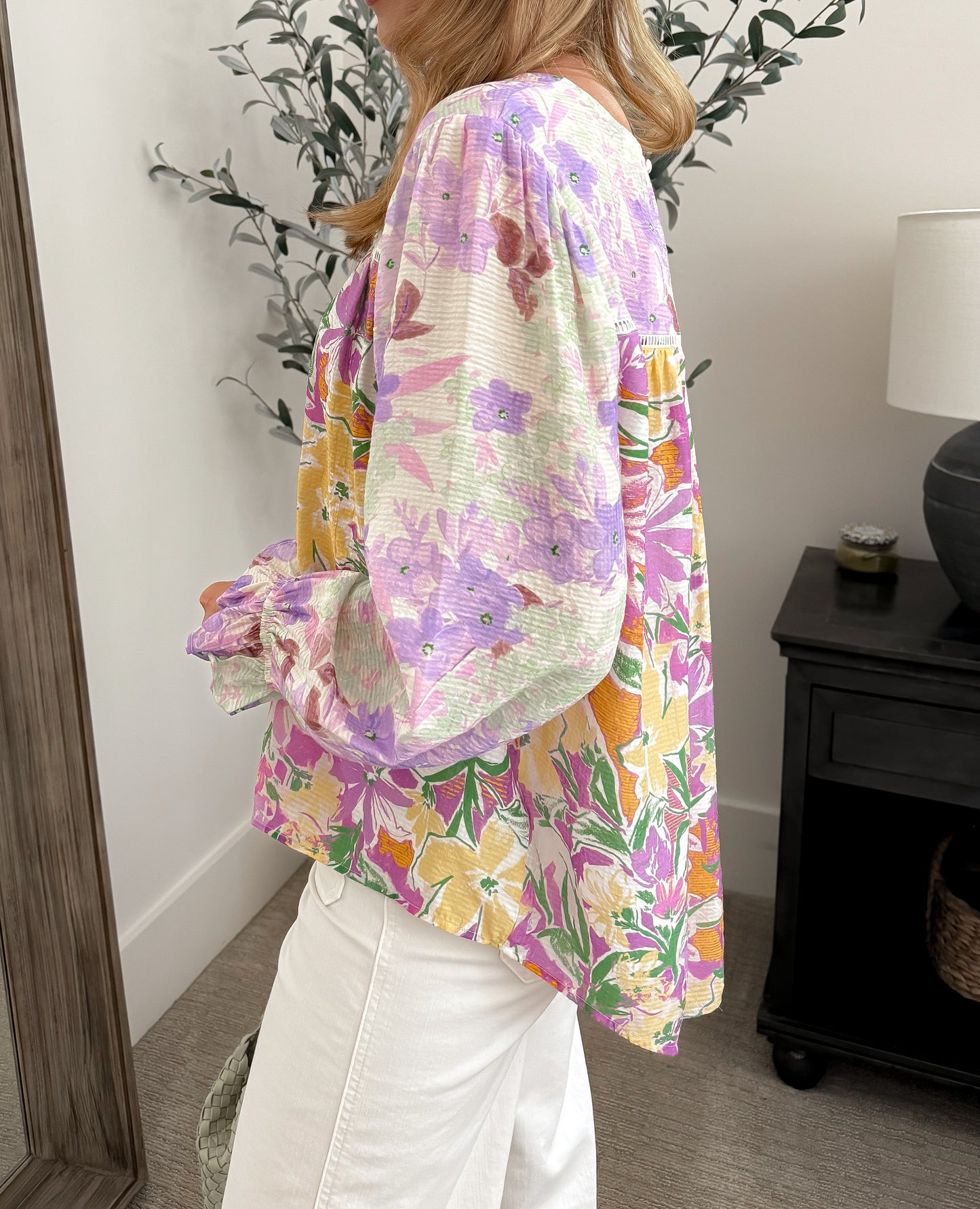 Connie Contrast Print Lace Insert Peasant Top