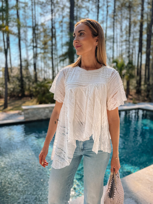 Jess Asymmetrical Lace Short Sleeve Top in White *FINAL SALE*